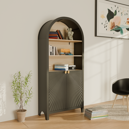 61' Tall Arched Cabinets,Bookcase with storage,Mid-Century Modern 5-Tier Bookshelf with Door,Black