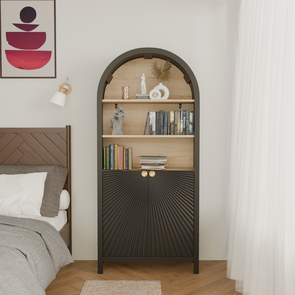 61' Tall Arched Cabinets,Bookcase with storage,Mid-Century Modern 5-Tier Bookshelf with Door,Black