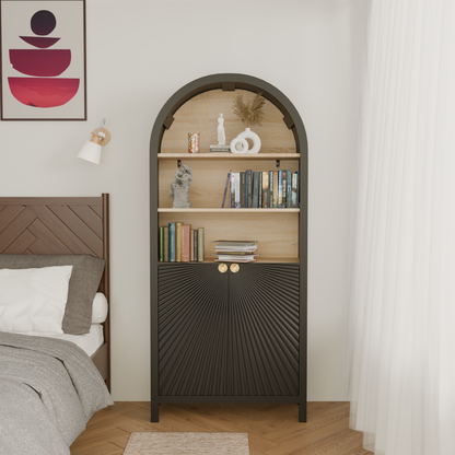 61' Tall Arched Cabinets,Bookcase with storage,Mid-Century Modern 5-Tier Bookshelf with Door,Black