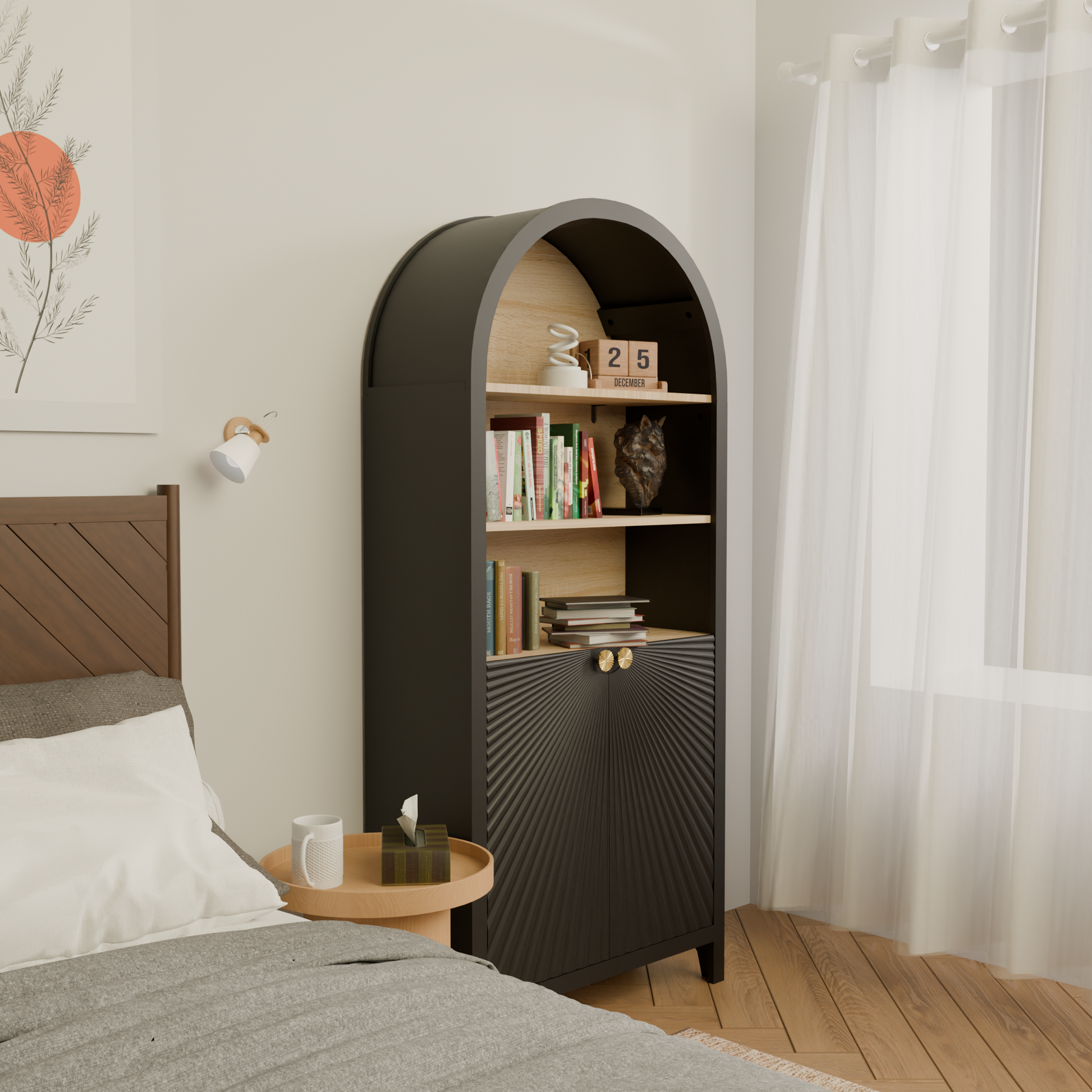 61' Tall Arched Cabinets,Bookcase with storage,Mid-Century Modern 5-Tier Bookshelf with Door,Black