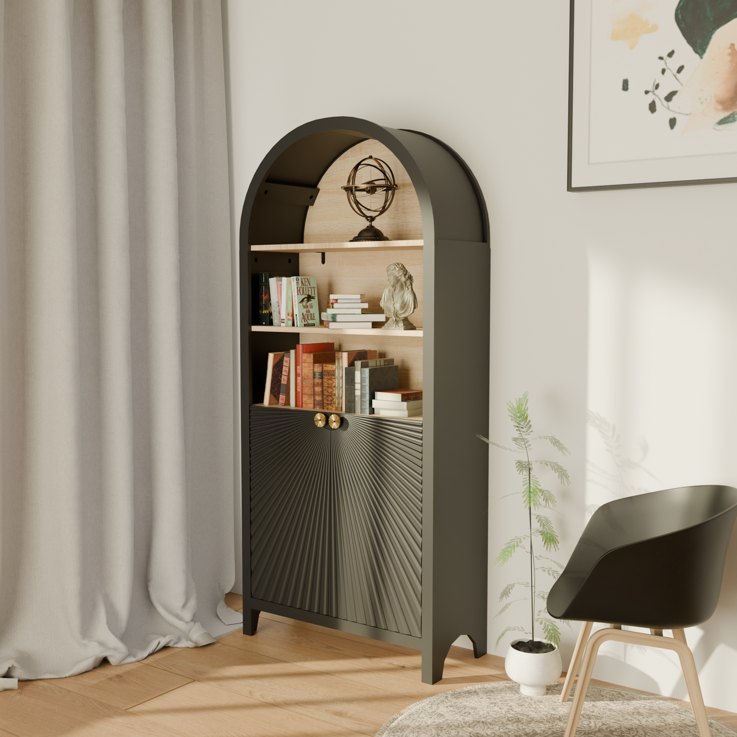 61' Tall Arched Cabinets,Bookcase with storage,Mid-Century Modern 5-Tier Bookshelf with Door,Black