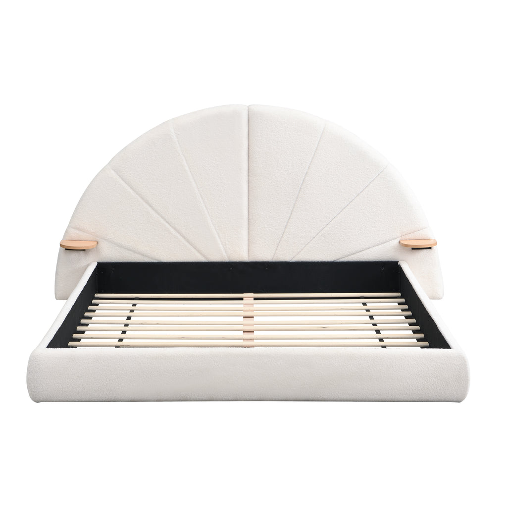 Unique Arched Boucle Bed with Small Table,Queen,Beige Bed Frame
