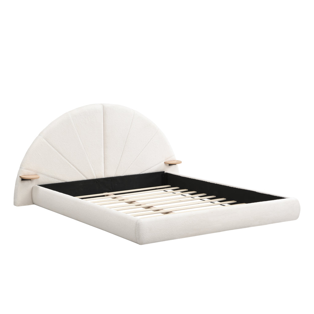 Unique Arched Boucle Bed with Small Table,Queen,Beige Bed Frame