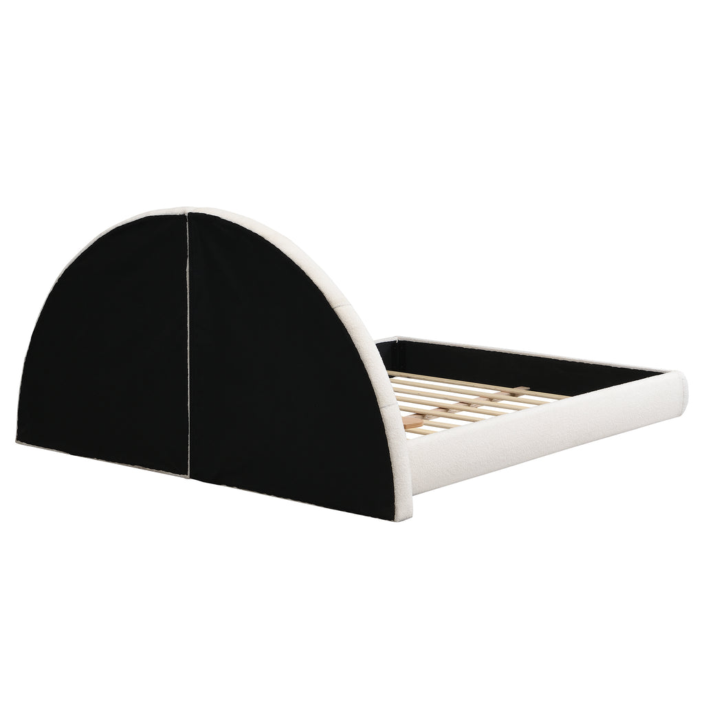 Unique Arched Boucle Bed with Small Table,Queen,Beige Bed Frame