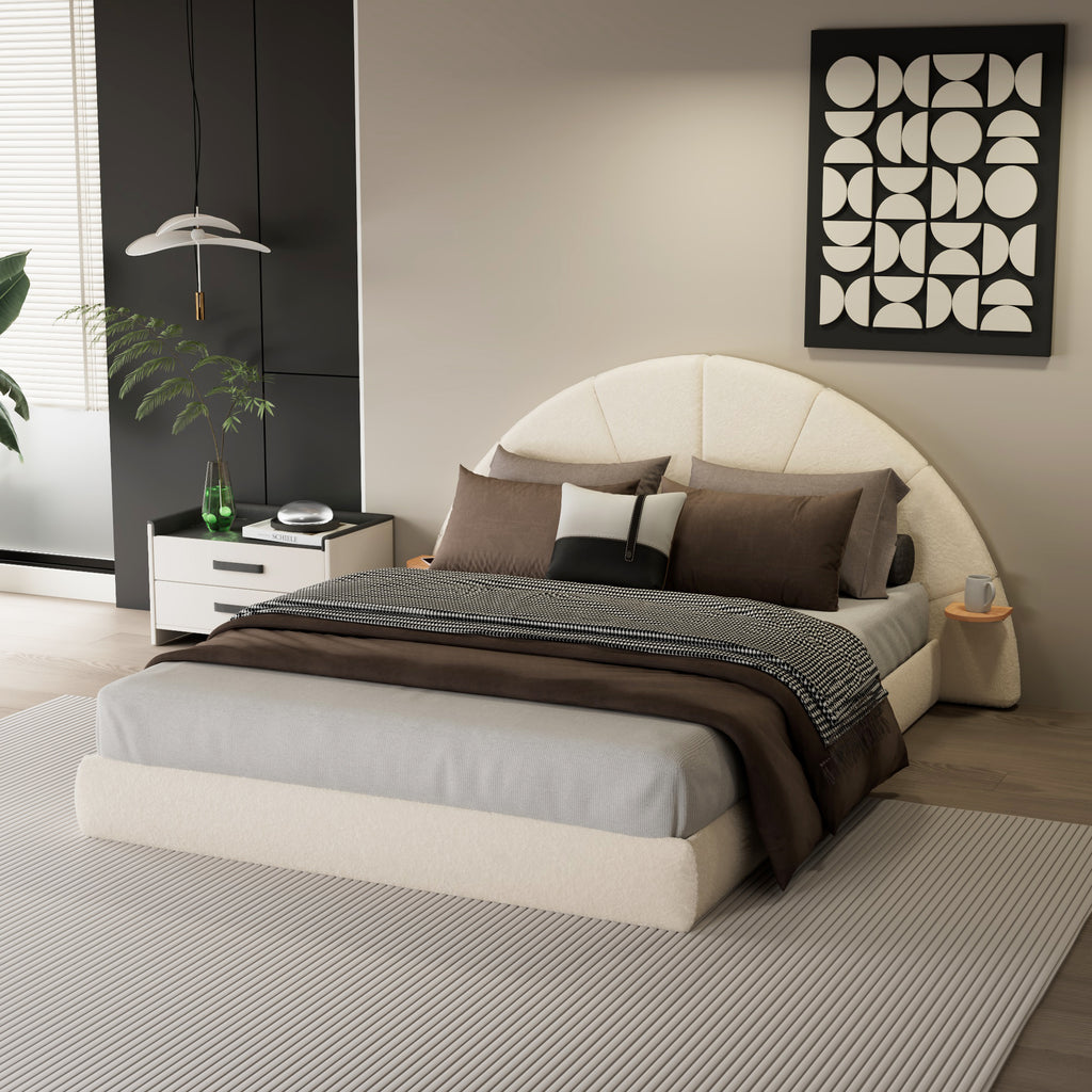 Unique Arched Boucle Bed with Small Table,Queen,Beige Bed Frame