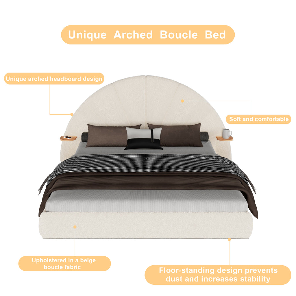 Unique Arched Boucle Bed with Small Table,Queen,Beige Bed Frame