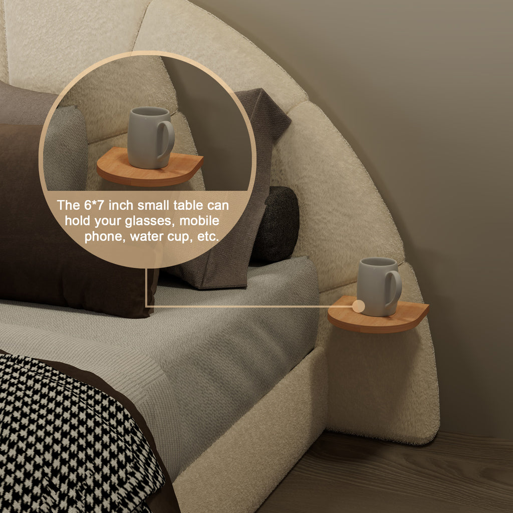 Unique Arched Boucle Bed with Small Table,Queen,Beige Bed Frame