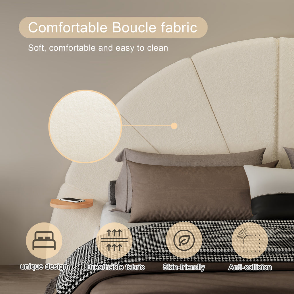 Unique Arched Boucle Bed with Small Table,Queen,Beige Bed Frame