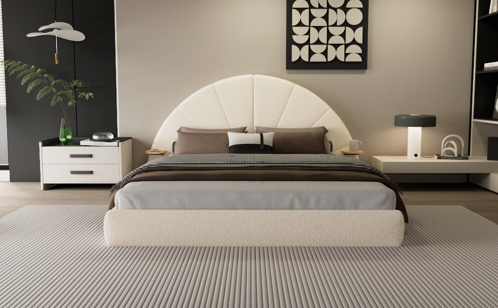 Unique Arched Boucle Bed with Small Table,Queen,Beige Bed Frame