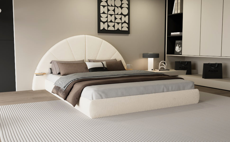 Unique Arched Boucle Bed with Small Table,Queen,Beige Bed Frame
