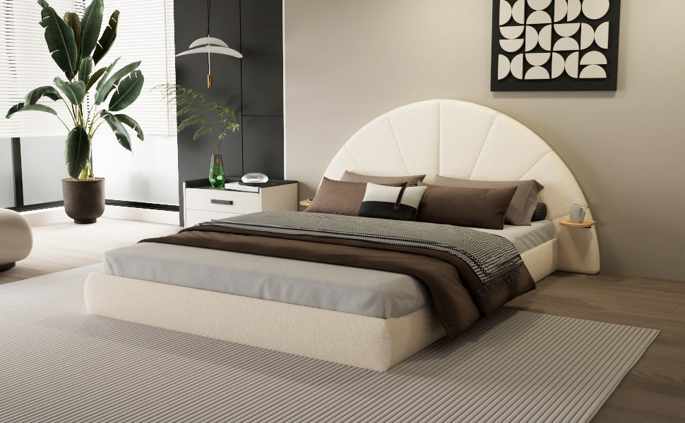 Unique Arched Boucle Bed with Small Table,Queen,Beige Bed Frame