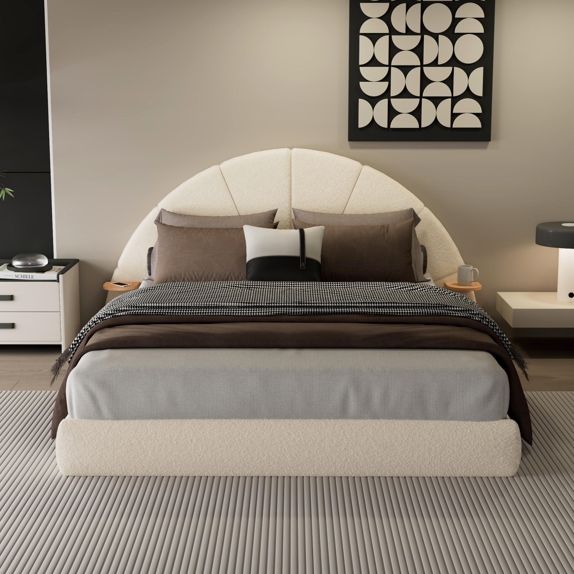 Unique Arched Boucle Bed with Small Table,Queen,Beige Bed Frame