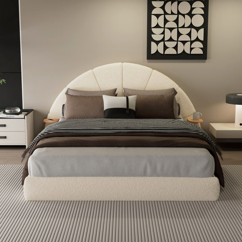 Unique Arched Boucle Bed with Small Table,Queen,Beige Bed Frame