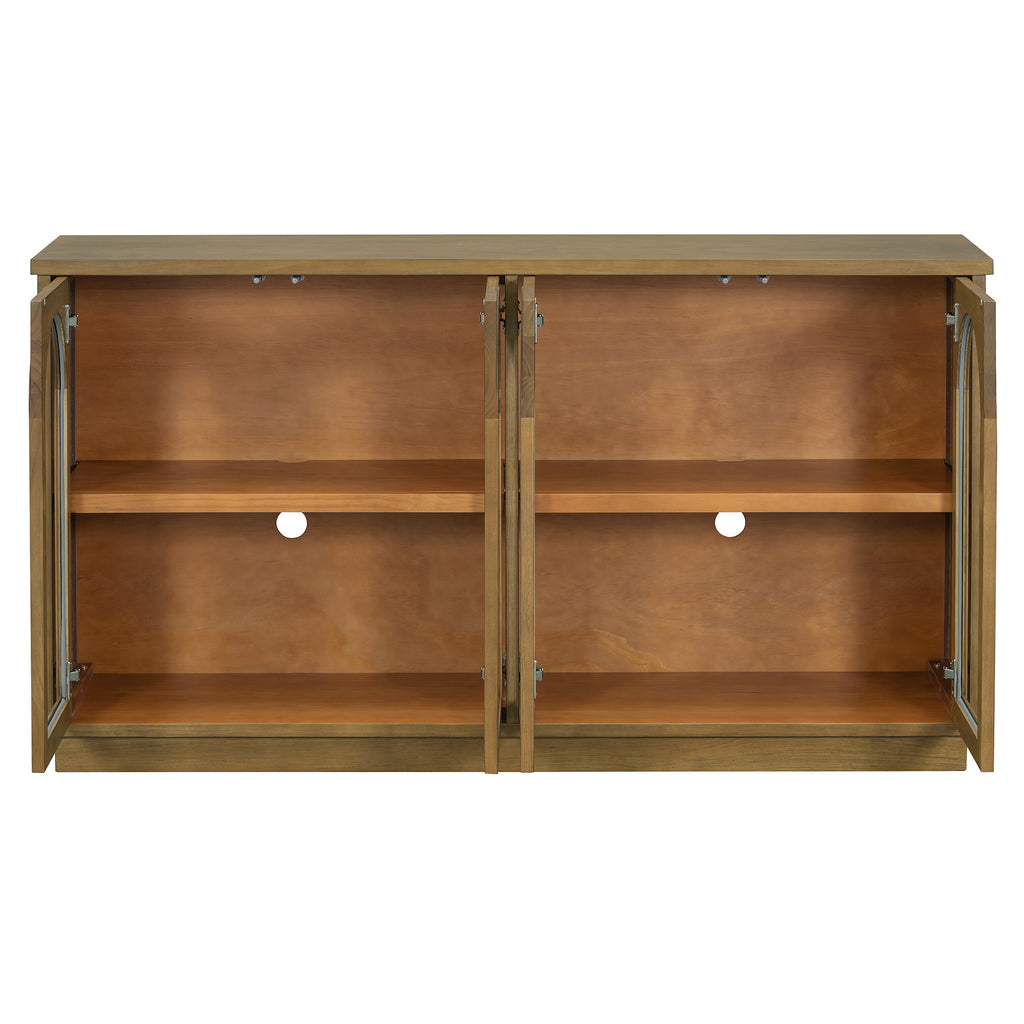 TREXM 4-Door Large Storage Buffet Cabinet with Glass Doors, Arched Cabinet with Adjustable Shelves for Kitchen, Dining Room and Living Room (Old Pine)