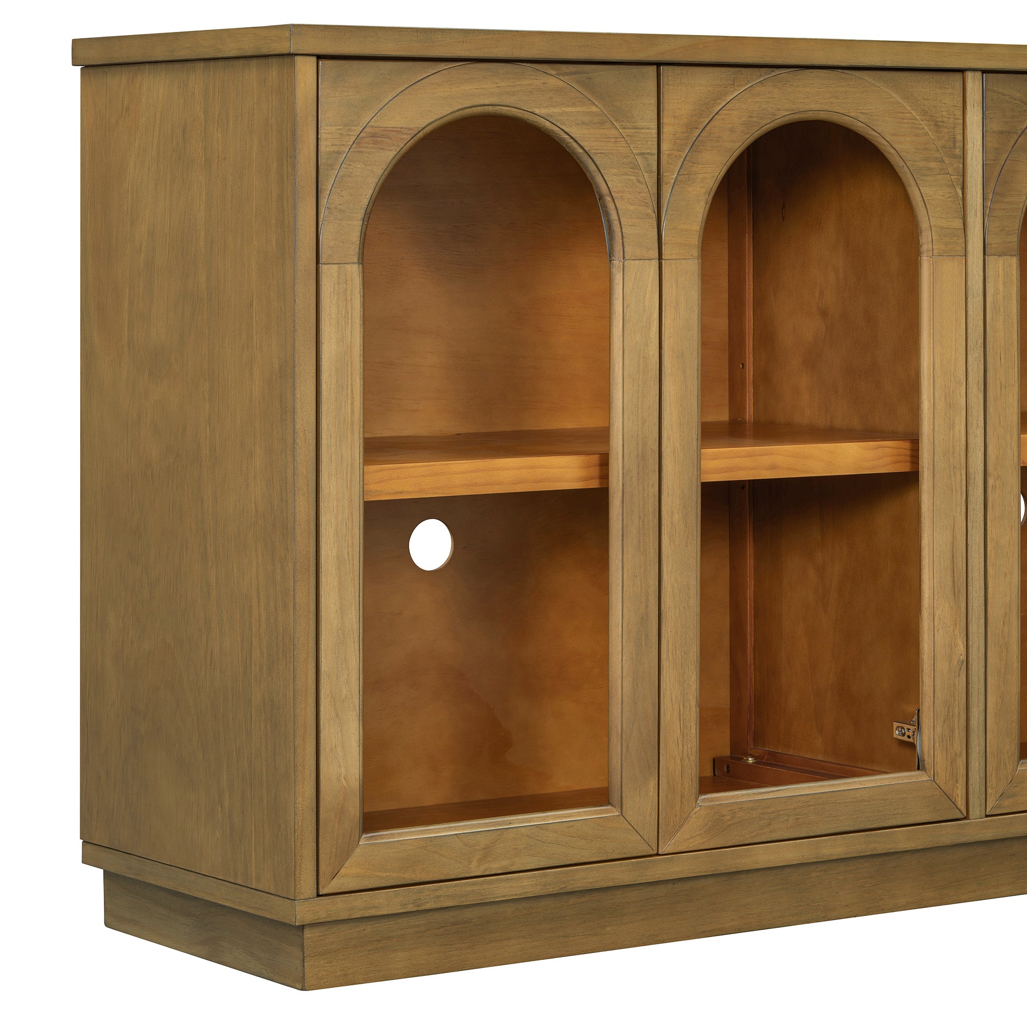 TREXM 4-Door Large Storage Buffet Cabinet with Glass Doors, Arched Cabinet with Adjustable Shelves for Kitchen, Dining Room and Living Room (Old Pine)