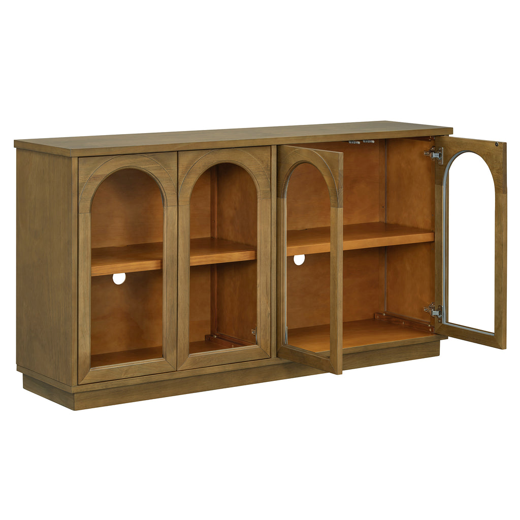 TREXM 4-Door Large Storage Buffet Cabinet with Glass Doors, Arched Cabinet with Adjustable Shelves for Kitchen, Dining Room and Living Room (Old Pine)