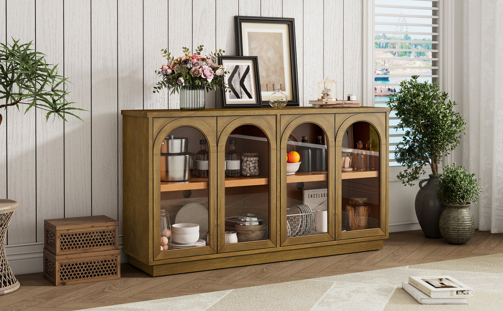 TREXM 4-Door Large Storage Buffet Cabinet with Glass Doors, Arched Cabinet with Adjustable Shelves for Kitchen, Dining Room and Living Room (Old Pine)