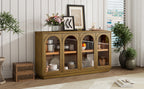 TREXM 4-Door Large Storage Buffet Cabinet with Glass Doors, Arched Cabinet with Adjustable Shelves for Kitchen, Dining Room and Living Room (Old Pine)