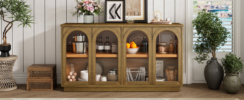 TREXM 4-Door Large Storage Buffet Cabinet with Glass Doors, Arched Cabinet with Adjustable Shelves for Kitchen, Dining Room and Living Room (Old Pine)