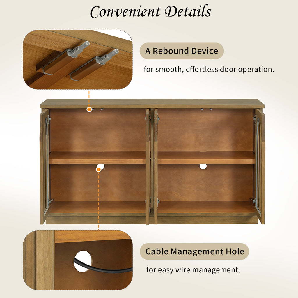 TREXM 4-Door Large Storage Buffet Cabinet with Glass Doors, Arched Cabinet with Adjustable Shelves for Kitchen, Dining Room and Living Room (Old Pine)