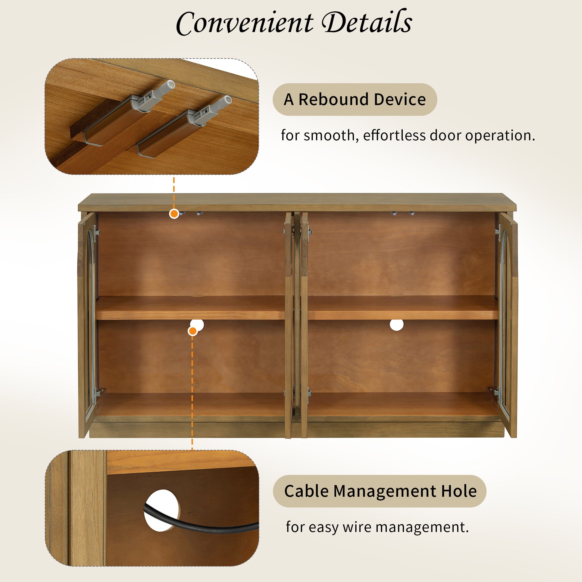 TREXM 4-Door Large Storage Buffet Cabinet with Glass Doors, Arched Cabinet with Adjustable Shelves for Kitchen, Dining Room and Living Room (Old Pine)
