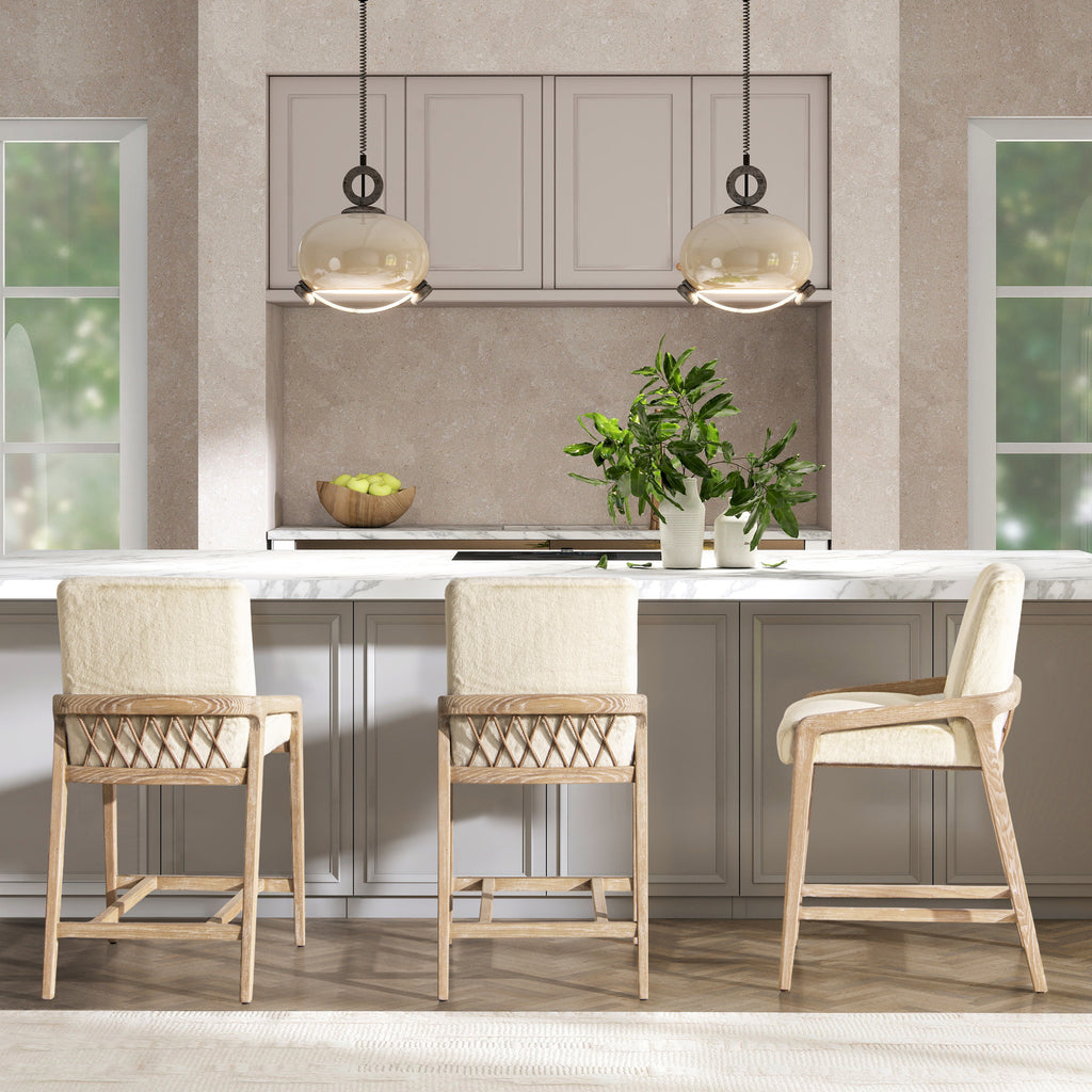 Arizona 25.5' Solid Ash Wood Upholstered Counter Stool with Rope Detail, Crème de la Crème White Faux Fur