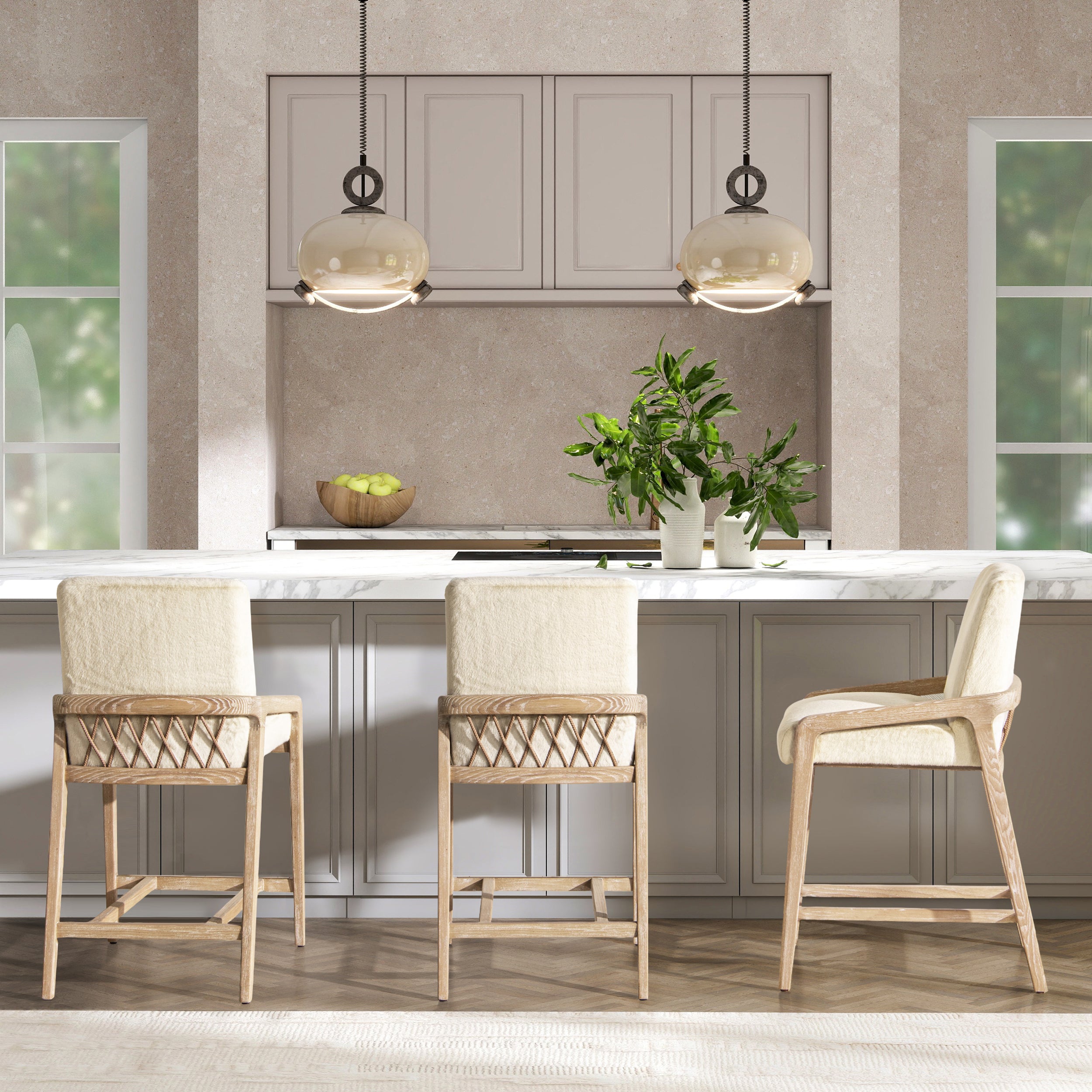 Arizona 25.5' Solid Ash Wood Upholstered Counter Stool with Rope Detail, Crème de la Crème White Faux Fur