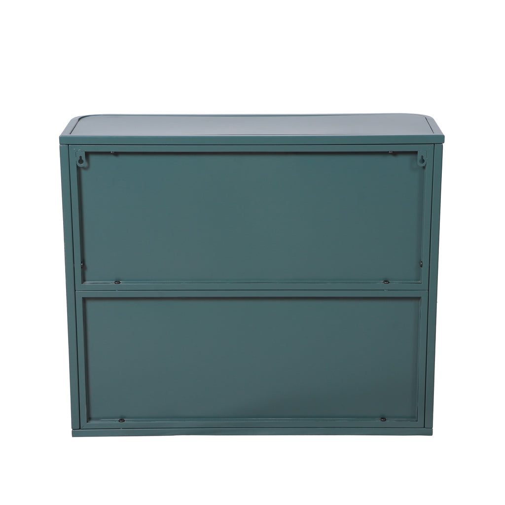 Army Green Wall-Mounted Bathroom Cabinet with Mirror, 2 Mirrored Doors & Open Shelf, Farmhouse Metal Frame Storage Cabinet with Open Compartment for Vanity, Toilet & Over-the-Sink