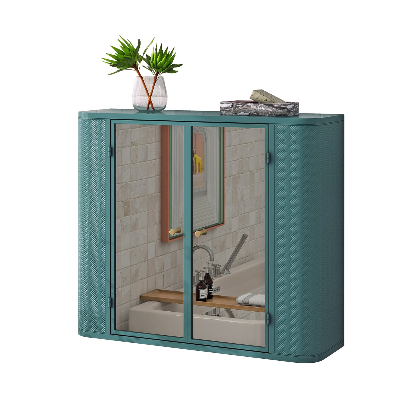 Army Green Wall-Mounted Bathroom Cabinet with Mirror, 2 Mirrored Doors & Open Shelf, Farmhouse Metal Frame Storage Cabinet with Open Compartment for Vanity, Toilet & Over-the-Sink