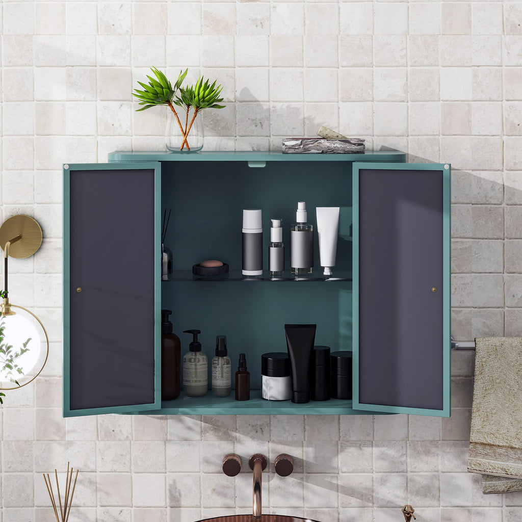 Army Green Wall-Mounted Bathroom Cabinet with Mirror, 2 Mirrored Doors & Open Shelf, Farmhouse Metal Frame Storage Cabinet with Open Compartment for Vanity, Toilet & Over-the-Sink