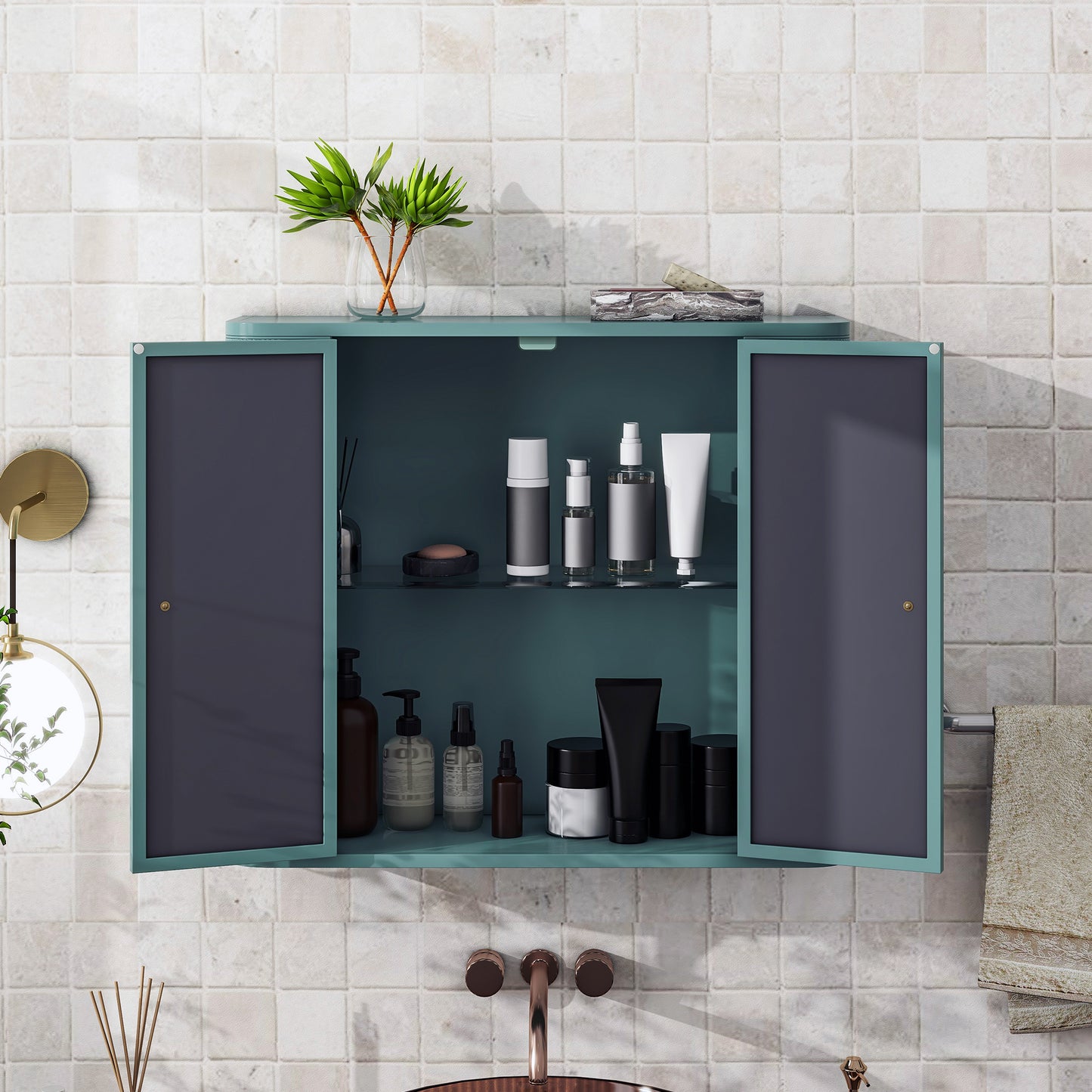 Army Green Wall-Mounted Bathroom Cabinet with Mirror, 2 Mirrored Doors & Open Shelf, Farmhouse Metal Frame Storage Cabinet with Open Compartment for Vanity, Toilet & Over-the-Sink