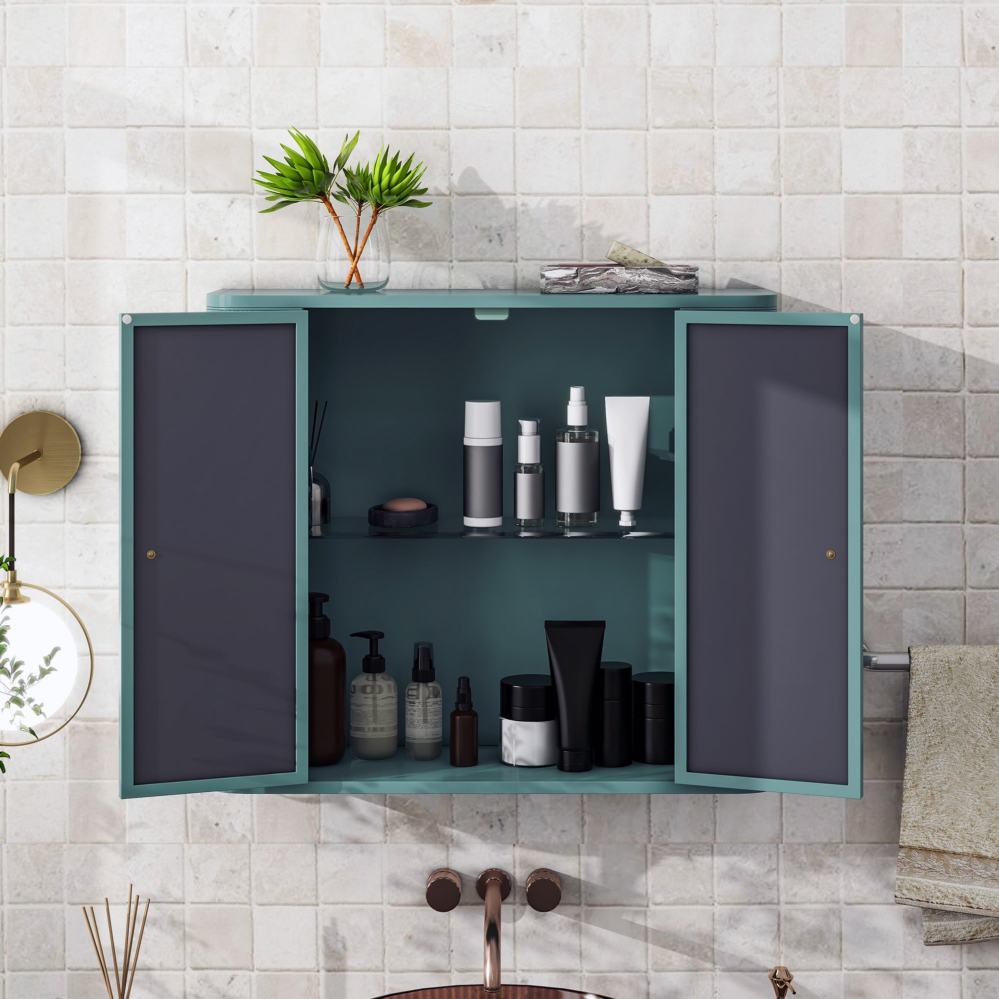 Army Green Wall-Mounted Bathroom Cabinet with Mirror, 2 Mirrored Doors & Open Shelf, Farmhouse Metal Frame Storage Cabinet with Open Compartment for Vanity, Toilet & Over-the-Sink