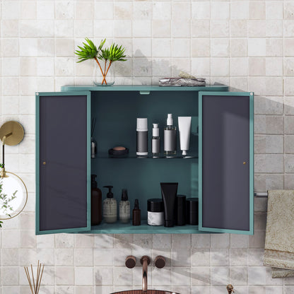Army Green Wall-Mounted Bathroom Cabinet with Mirror, 2 Mirrored Doors & Open Shelf, Farmhouse Metal Frame Storage Cabinet with Open Compartment for Vanity, Toilet & Over-the-Sink