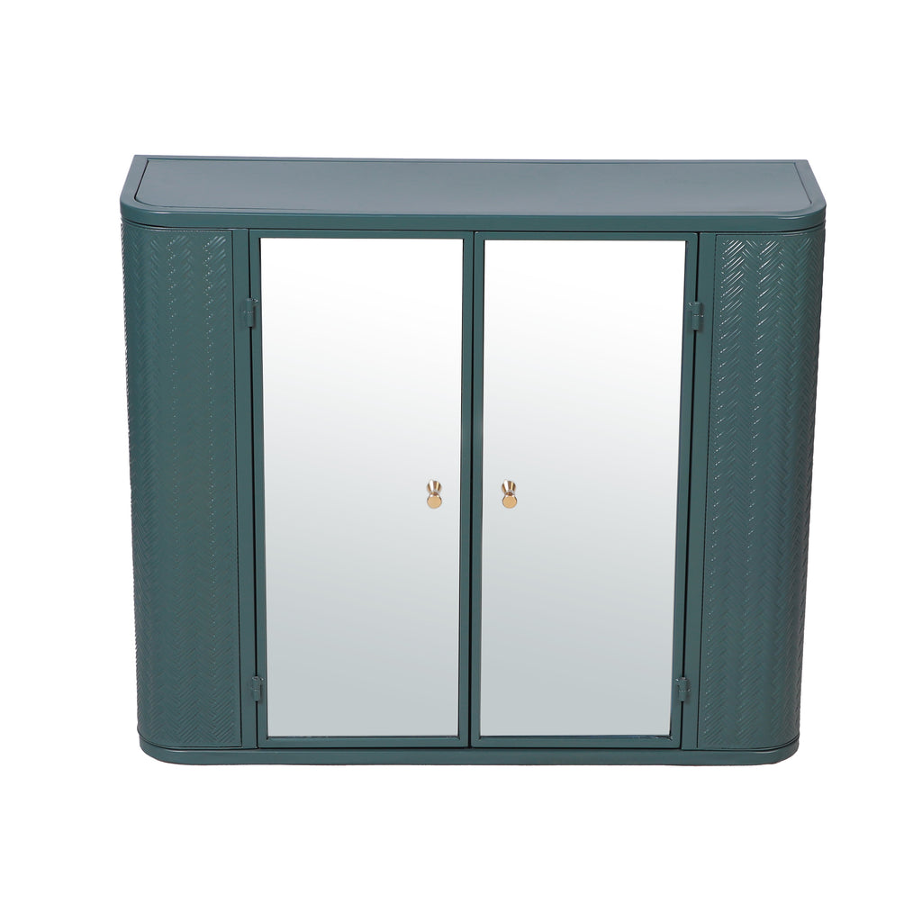 Army Green Wall-Mounted Bathroom Cabinet with Mirror, 2 Mirrored Doors & Open Shelf, Farmhouse Metal Frame Storage Cabinet with Open Compartment for Vanity, Toilet & Over-the-Sink