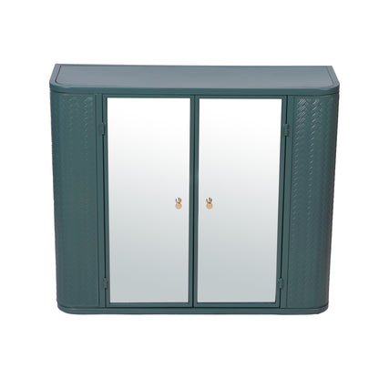 Army Green Wall-Mounted Bathroom Cabinet with Mirror, 2 Mirrored Doors & Open Shelf, Farmhouse Metal Frame Storage Cabinet with Open Compartment for Vanity, Toilet & Over-the-Sink