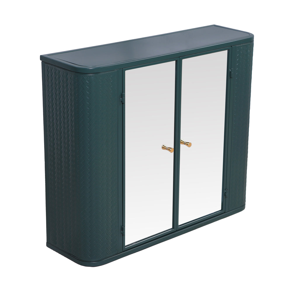 Army Green Wall-Mounted Bathroom Cabinet with Mirror, 2 Mirrored Doors & Open Shelf, Farmhouse Metal Frame Storage Cabinet with Open Compartment for Vanity, Toilet & Over-the-Sink