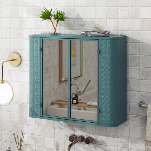Army Green Wall-Mounted Bathroom Cabinet with Mirror, 2 Mirrored Doors & Open Shelf, Farmhouse Metal Frame Storage Cabinet with Open Compartment for Vanity, Toilet & Over-the-Sink