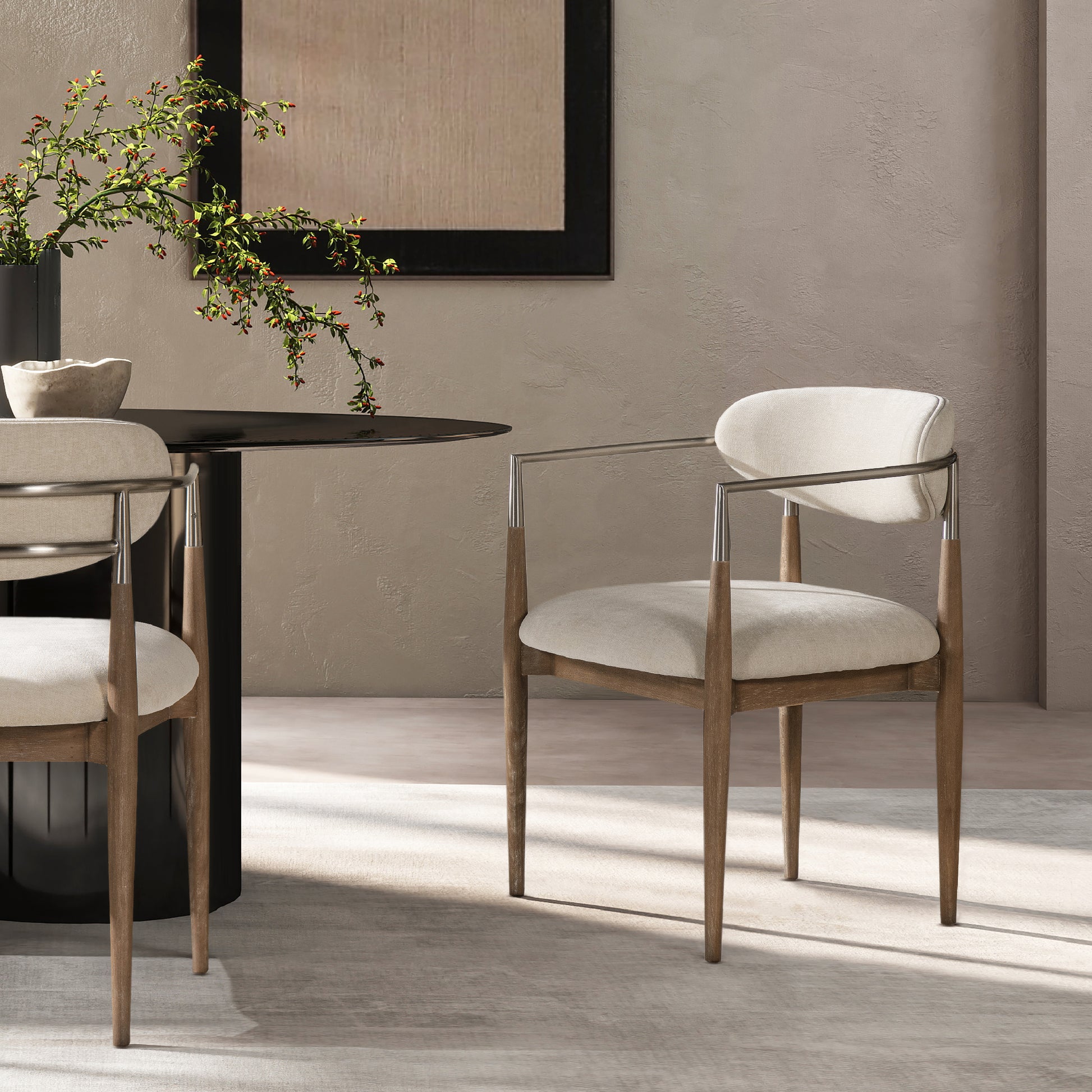 Artemis Mixed Material Upholstered Dining Arm Chair, Warm White Chenille