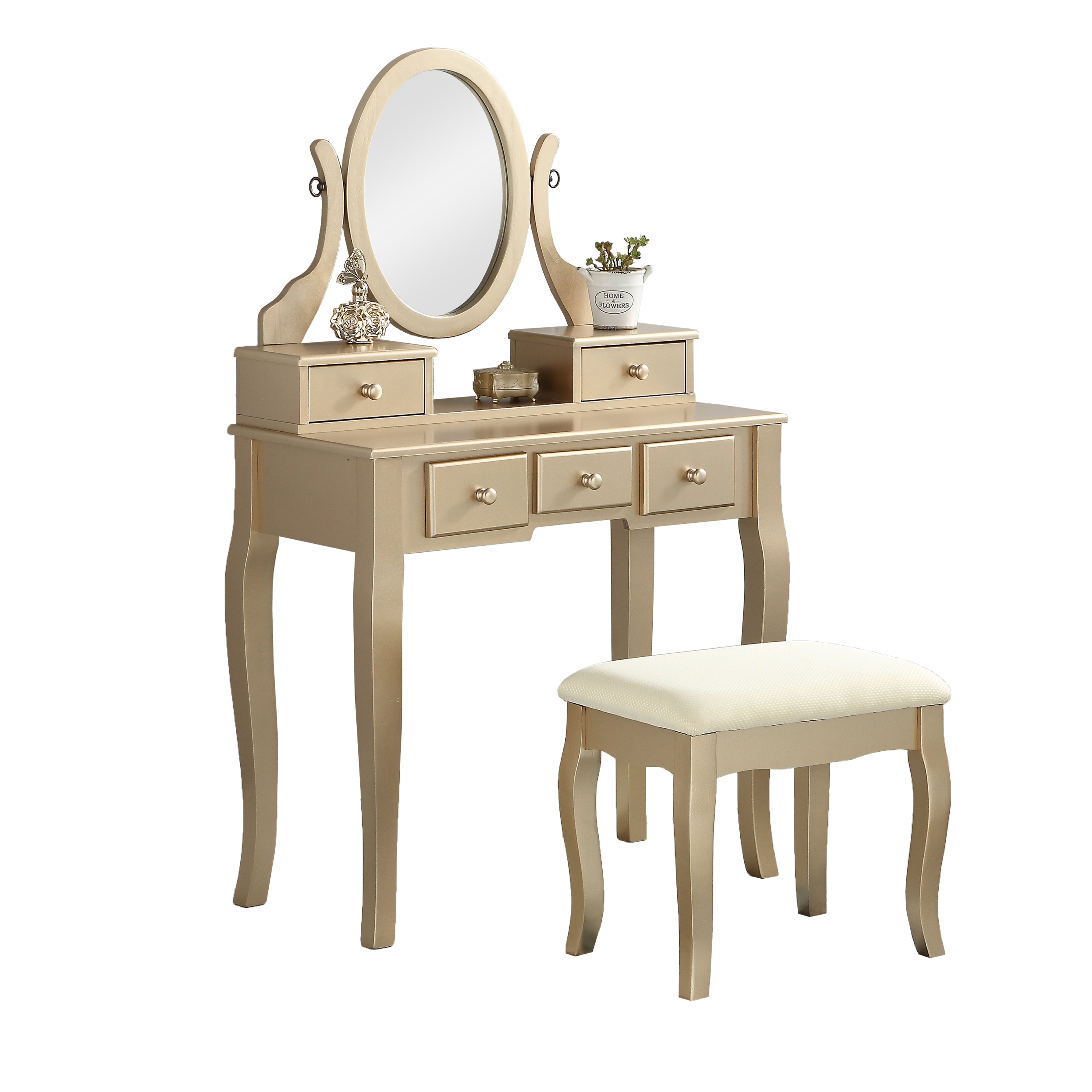 Ashley Wood Make-Up Vanity Table and Stool Set, Ashley Wood Makeup Vanity Table and Stool Set, Gold