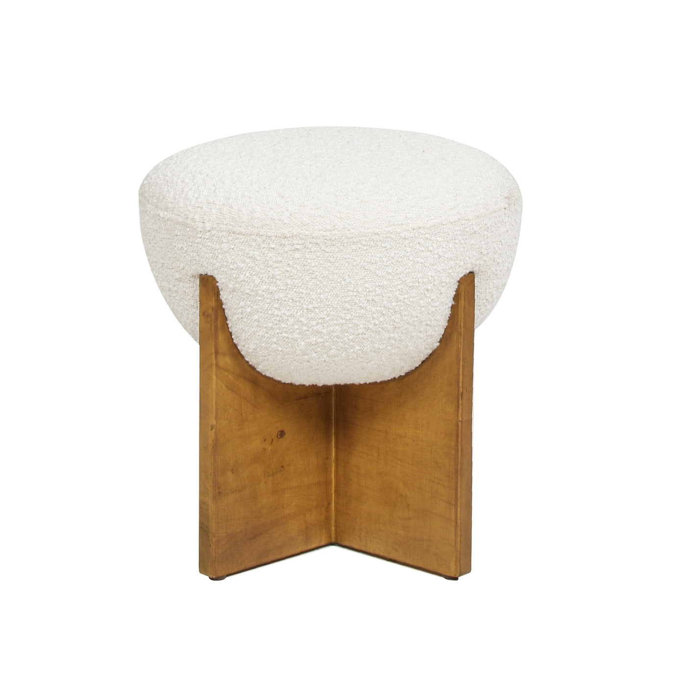 Bali 18.5' Round Upholstered Ottoman with Natural Wood Base, Ivory White Boucle