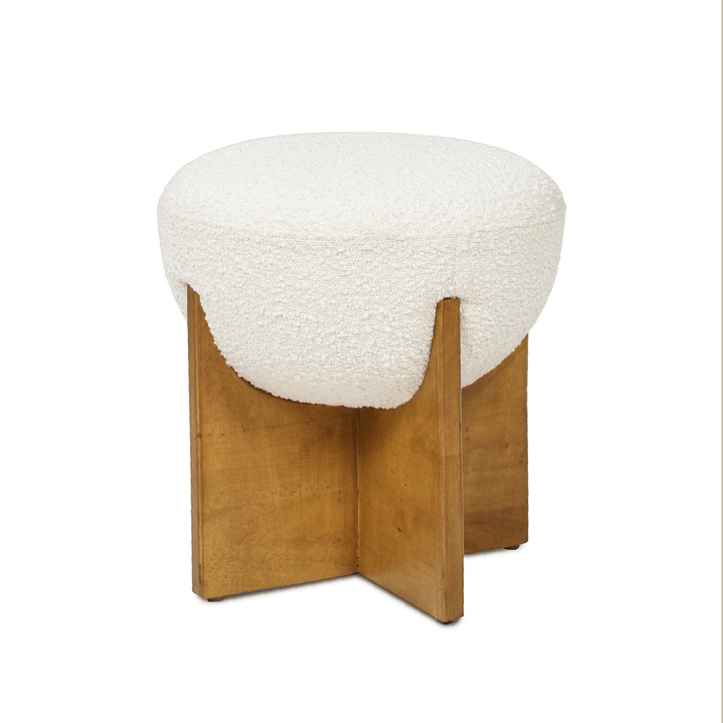 Bali 18.5' Round Upholstered Ottoman with Natural Wood Base, Ivory White Boucle