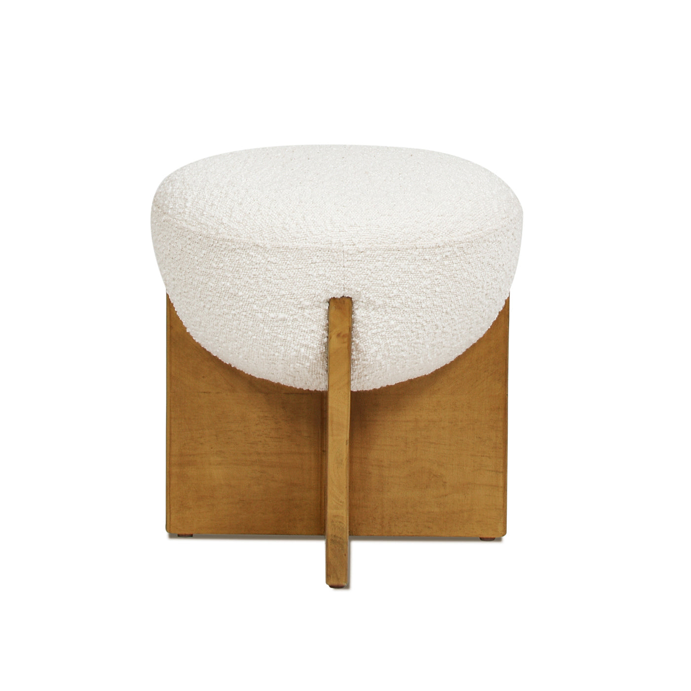 Bali 18.5' Round Upholstered Ottoman with Natural Wood Base, Ivory White Boucle