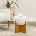Bali 18.5' Round Upholstered Ottoman with Natural Wood Base, Ivory White Boucle