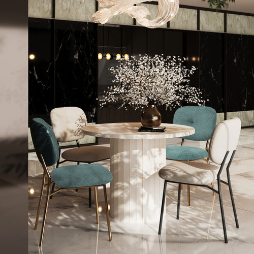 Modern 4-Person Dining Set: Bamboo & MDF Table with Turquoise & Beige Fabric Chairs, Metal Legs – Space-Saving Kitchen/Dining Room Furniture