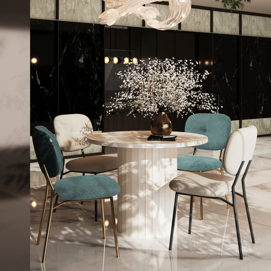 Modern 4-Person Dining Set: Bamboo & MDF Table with Turquoise & Beige Fabric Chairs, Metal Legs – Space-Saving Kitchen/Dining Room Furniture