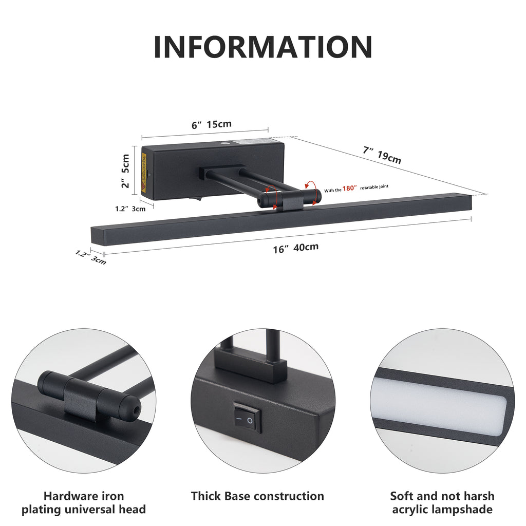 Picture Light Battery Operated with Remote, LED Black Art Lights for Paintings Rechargeable Dimmable and Timer, 16in Wall Sconce for Art Painting Gallery Adjustable Swing Arm for Display