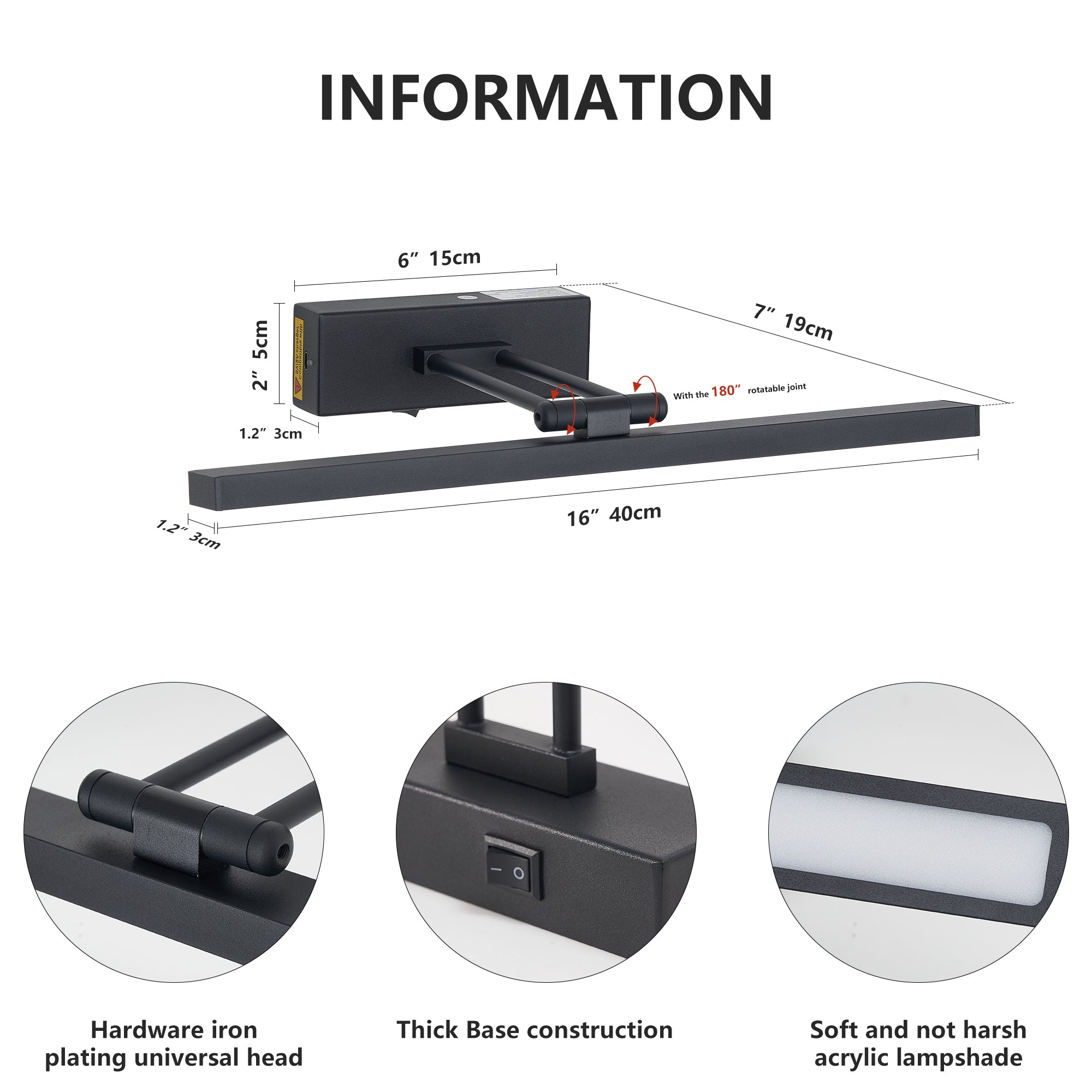 Picture Light Battery Operated with Remote, LED Black Art Lights for Paintings Rechargeable Dimmable and Timer, 16in Wall Sconce for Art Painting Gallery Adjustable Swing Arm for Display