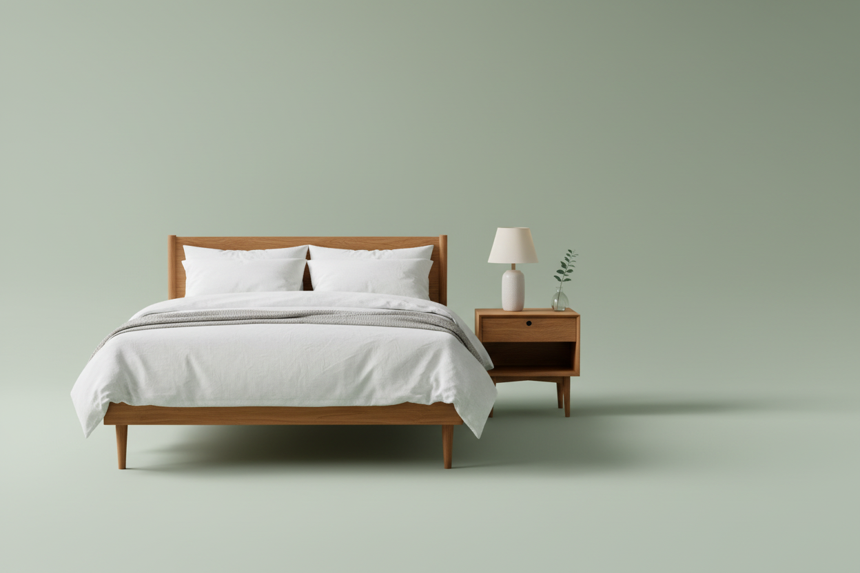 Wooden bed with white bedding and a nightstand against a plain background