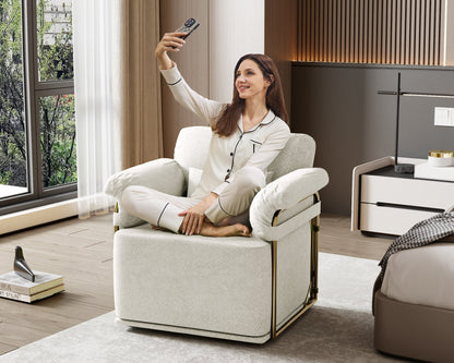 360 Degree Square Swivel Accent Sofa Chair,Fluffy Fabric Lounge Wide Upholstered Reading Chair with Gold Metal Legs, Comfortable Armchair for Living Room,Bedroom,Office(Beige)