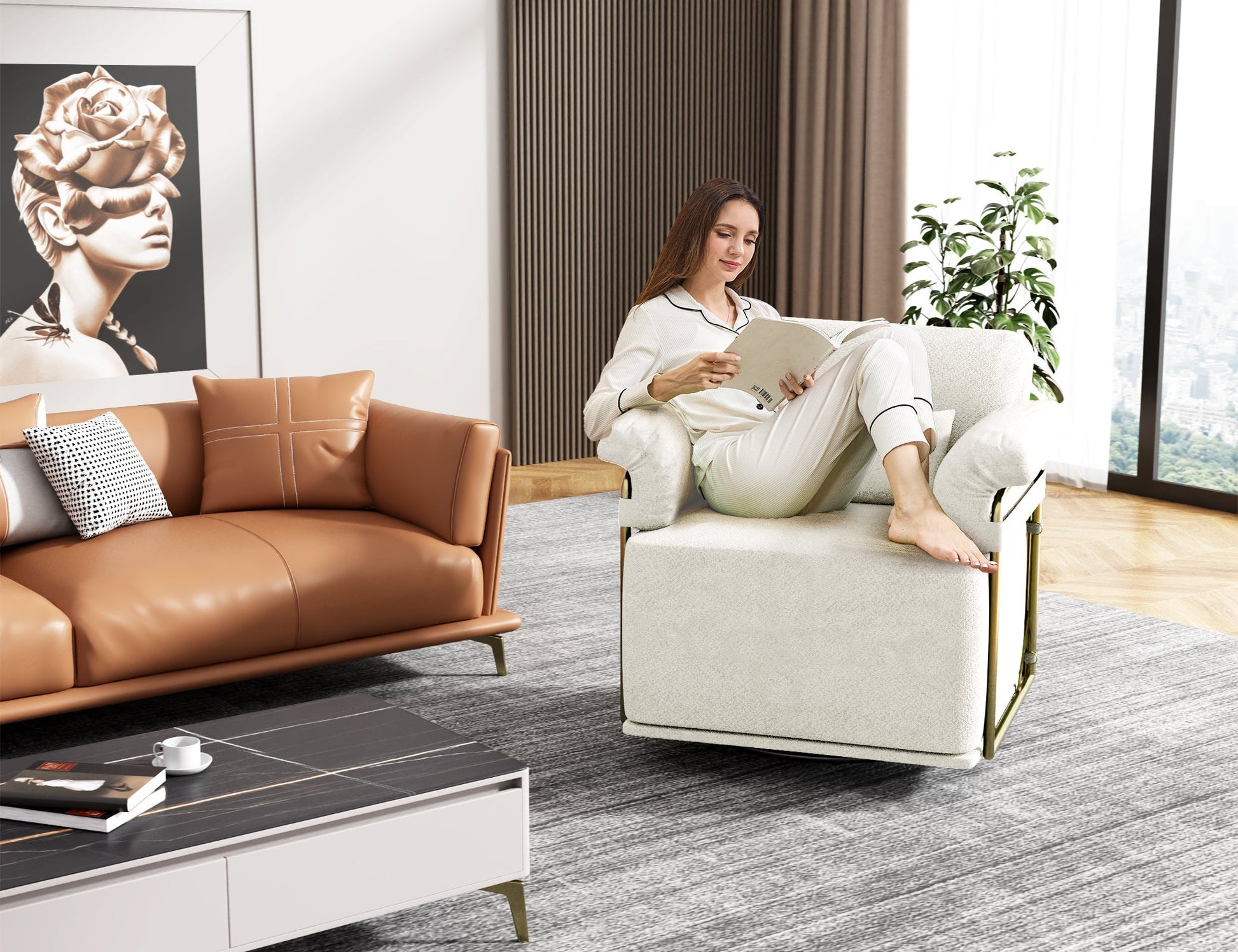 360 Degree Square Swivel Accent Sofa Chair,Fluffy Fabric Lounge Wide Upholstered Reading Chair with Gold Metal Legs, Comfortable Armchair for Living Room,Bedroom,Office(Beige)